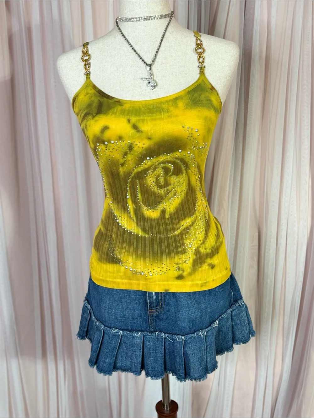 Yellow Rose-Print Chain-Strap Rhinestone Tank Top - Picture 10 of 10